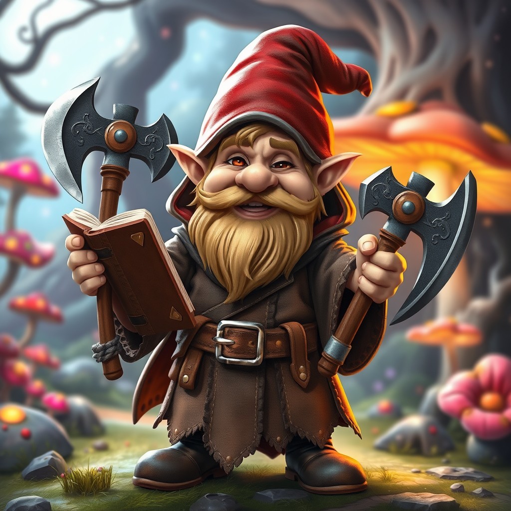 A whimsical scene featuring a gnome wizard, dressed in stylish leather mage robes, holding a spellbook in one hand and a menacing war axe in the other