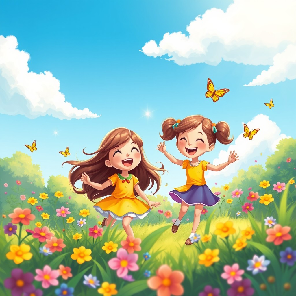 A fantastical scene depicting two joyful characters named Emma and Luna, smiling with bright, sparkling expressions, playing in a vibrant and magical landscape