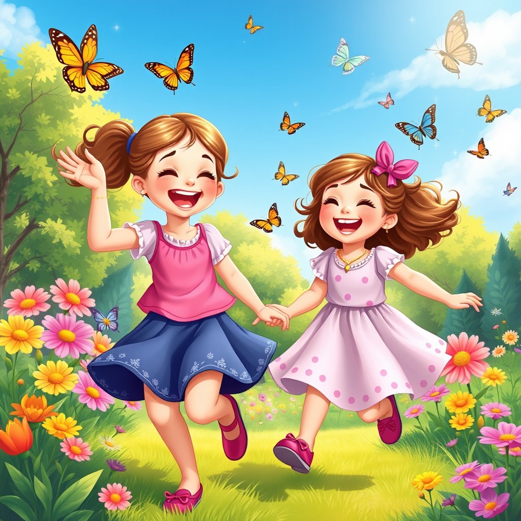 Two joyful young girls, Emma and Luna, playing together in a vibrant, magical world, surrounded by colorful flowers and butterflies