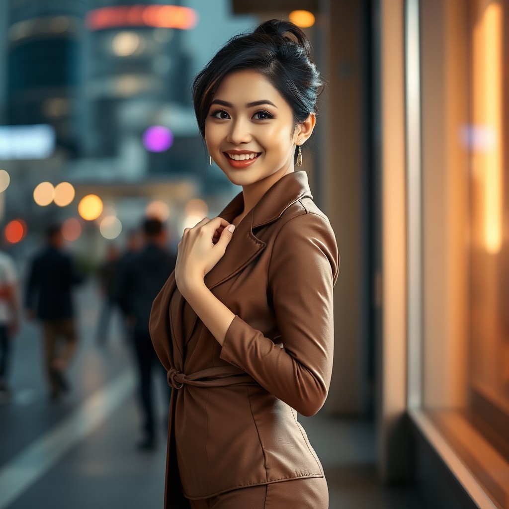 A confident Asian woman elegantly dressed in stylish pantyhose, showcasing her fashionable outfit