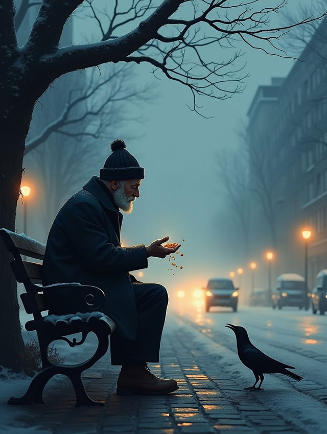 An illustration depicting a moody winter evening scene featuring an elderly man in a heavy wool coat and a knit cap, sitting alone on the edge of a foggy urban park bench