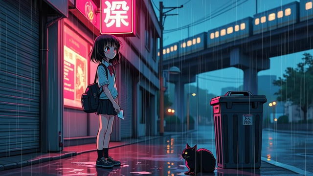Anime style illustration of a rain-soaked dusk scene featuring a teenage girl in a school uniform, standing beneath a flickering neon sign outside a shuttered arcade