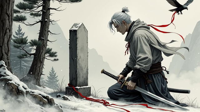 A windswept mountain plateau setting with a silver-haired swordsman kneeling at a gravestone carved into the bedrock