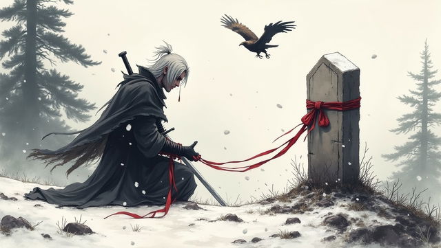 A windswept mountain plateau setting featuring a silver-haired swordsman kneeling before a gravestone carved into the bedrock