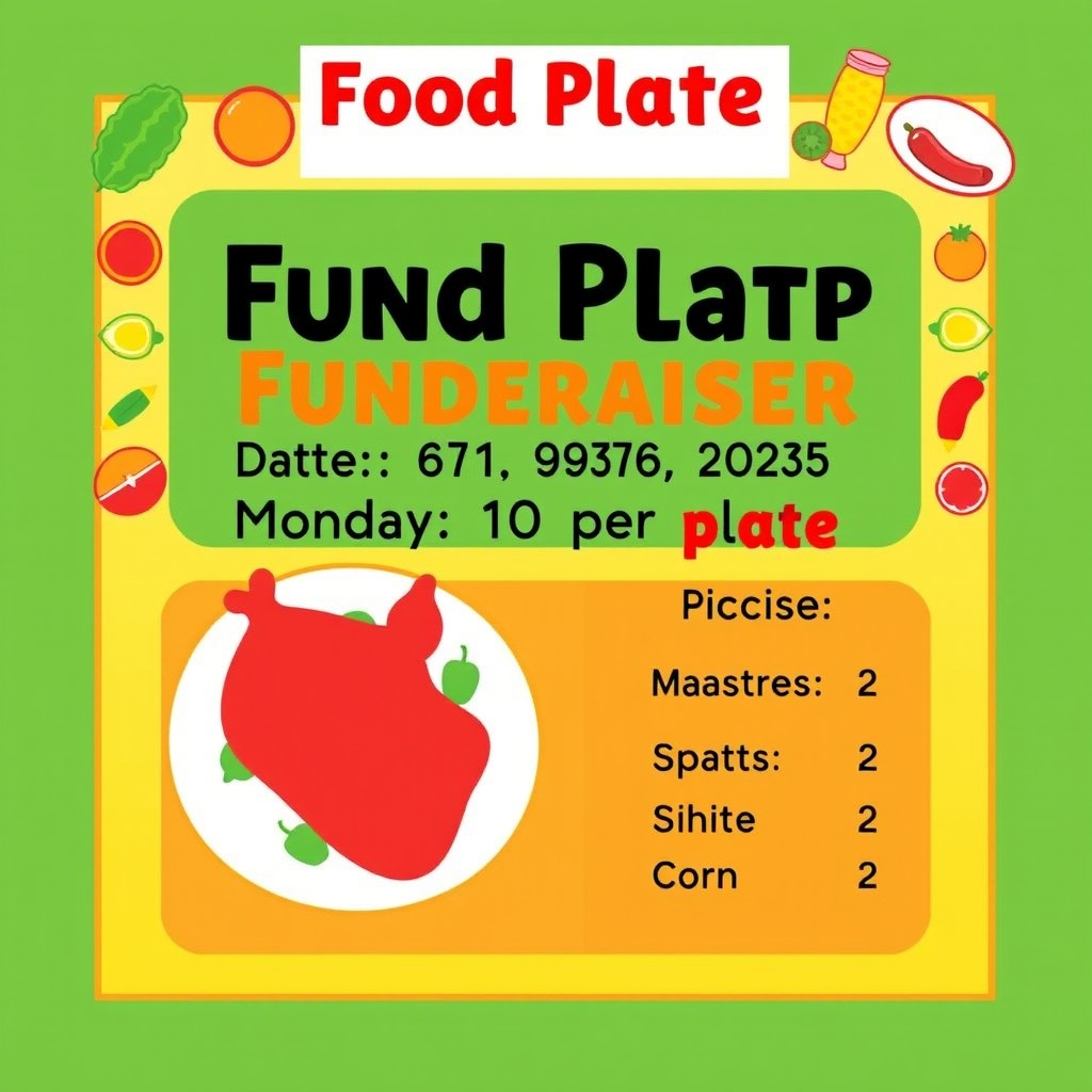 A colorful and vibrant flyer for a Food Plate Fundraiser, featuring a large header with text that says "🍽️ Food Plate Fundraiser 🍽️" prominently at the top