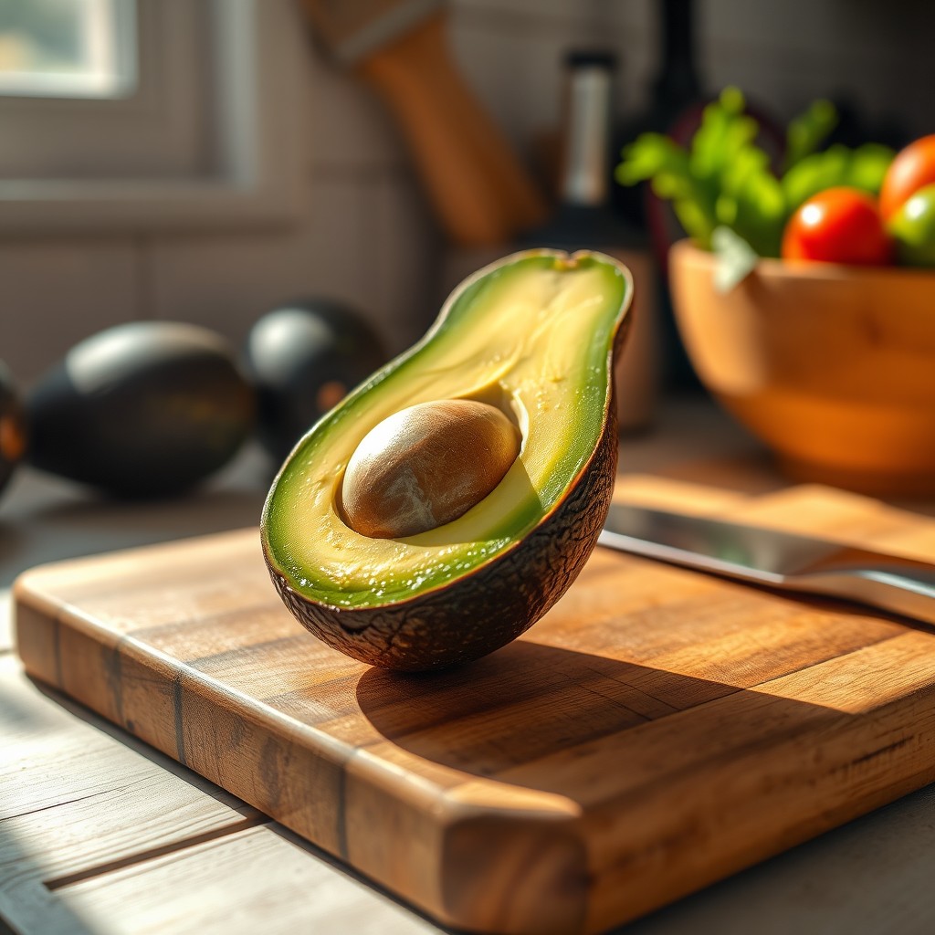 A vibrant and fresh avocado, halved to showcase its creamy green interior and smooth seed, placed on a rustic wooden cutting board