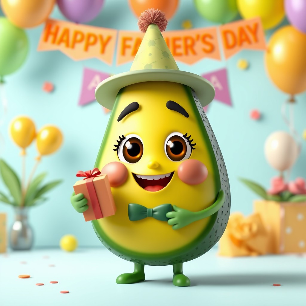 A playful 3D character designed as an avocado, with a cheerful and friendly expression