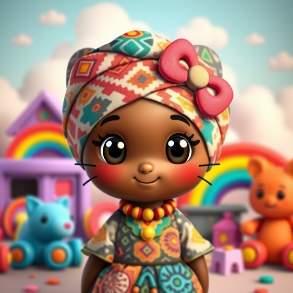 A cute, friendly Nubian character inspired by Hello Kitty, featuring big round eyes and a cheerful smile