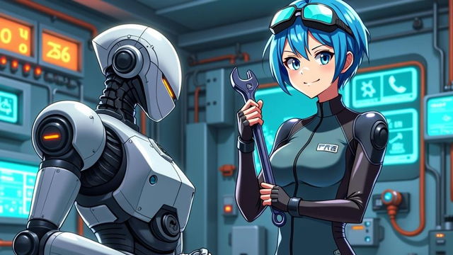 A stylish anime mechanic working in a futuristic workshop, surrounded by advanced machinery and tools