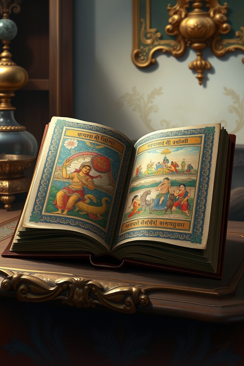 A beautifully detailed digital art painting of an ancient Indian book, showcasing intricate designs and patterns on the cover and pages