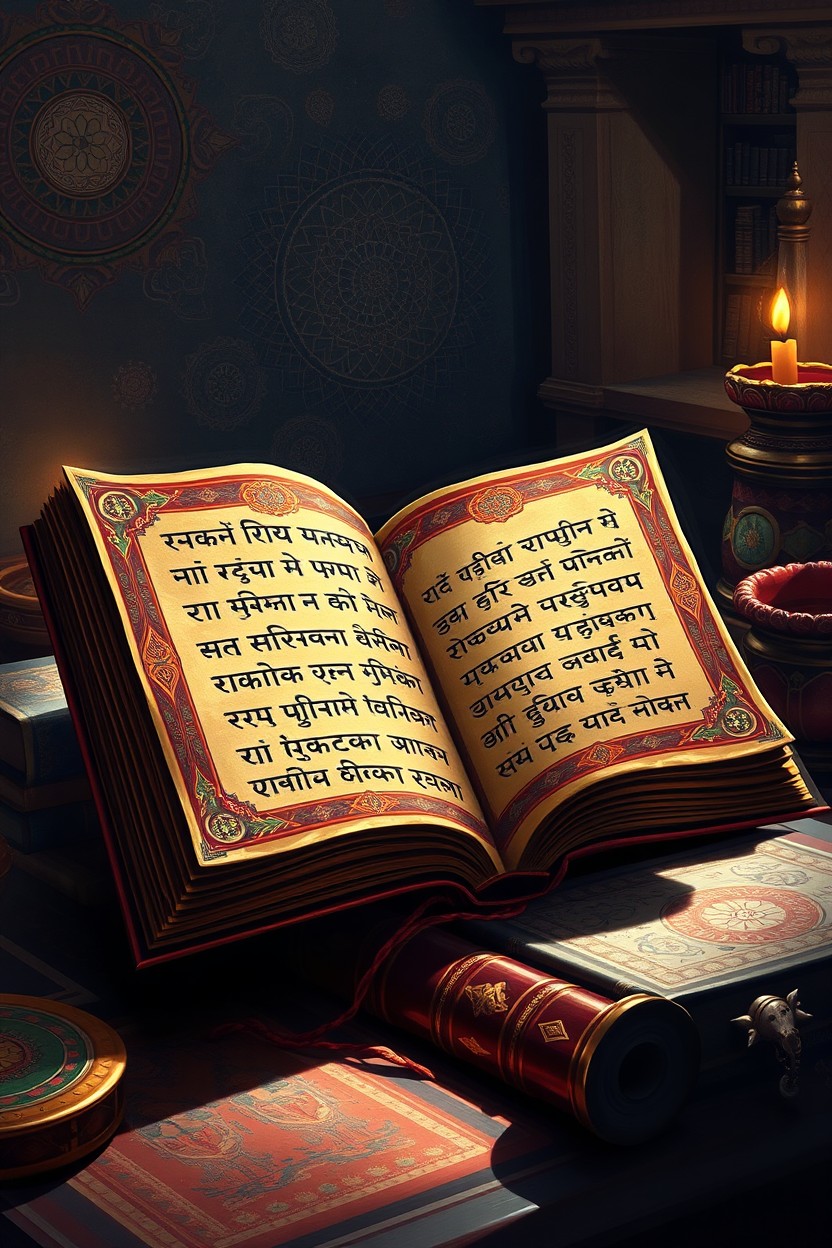 A stunning digital art painting depicting an ancient Indian book, illuminated with intricate designs and ornate decorations