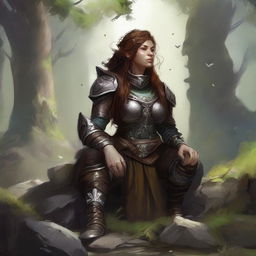 splinters and rocks float all around a female dwarven kineticist that meditates amid nature while wearing her heavy armor