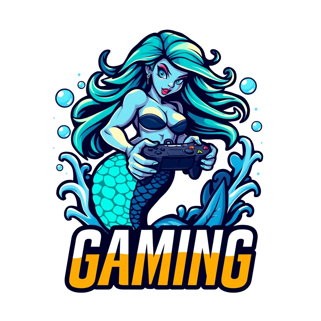 A vibrant and captivating gaming logo featuring a fierce but beautiful mermaid, with flowing hair and a shimmering tail