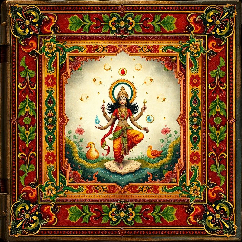 A beautifully detailed digital painting of an ancient Indian book cover, featuring intricate patterns and motifs typical of traditional Indian art