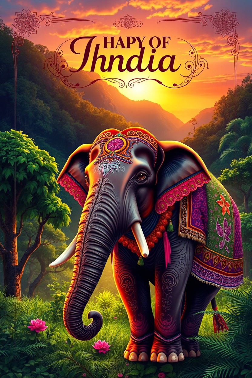 A vibrant digital painting for an Indian book cover, featuring a majestic elephant with intricate designs on its skin, adorned with colorful fabrics and floral patterns