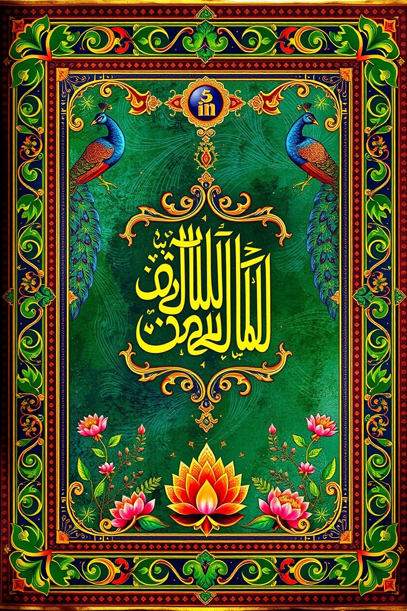 A vibrant and intricate digital painting of an ancient Indian book cover, showcasing exquisite traditional patterns and motifs