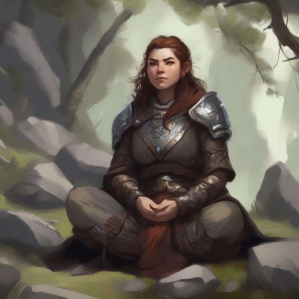 splinters and rocks float all around a female dwarven kineticist that meditates amid nature while wearing her heavy armor