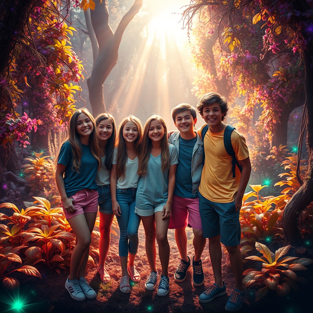 A lively group of five teenagers, three girls and two boys, standing together in an enchanted forest