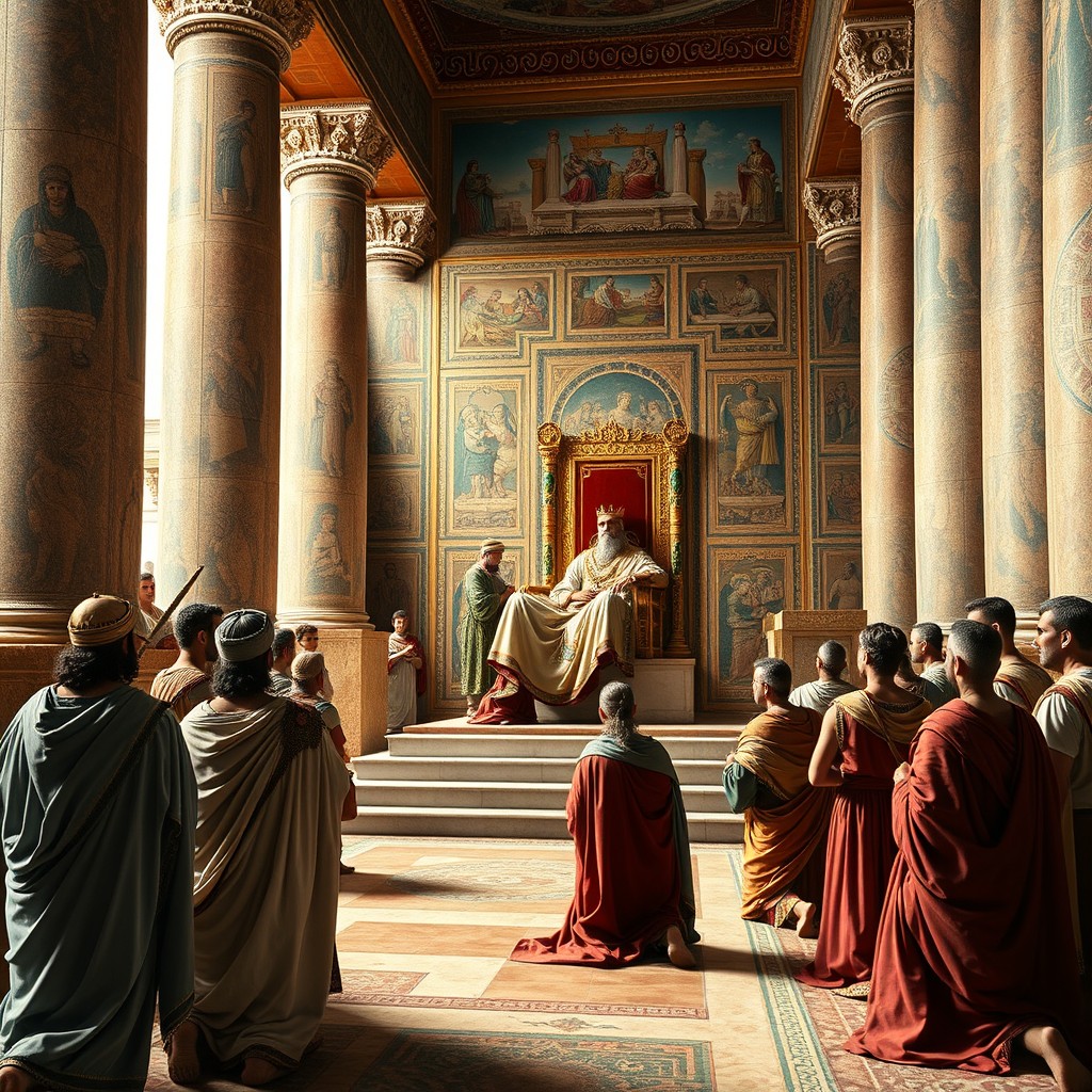 Inside the grand palace of the Achaemenid Empire 2500 years ago, Roman merchants in finely detailed traditional Roman attire, are kneeling in reverence as they present tribute to the majestic Achaemenid King of Iran