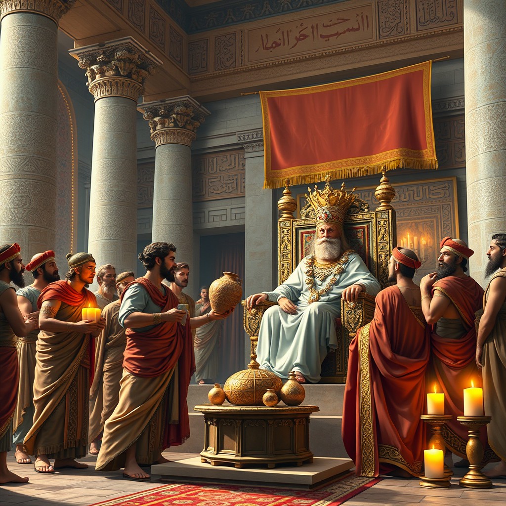 Inside the grand palace of the Achaemenid Empire, 2500 years ago, a scene unfolds depicting Roman merchants paying tribute to the Achaemenid king of Iran