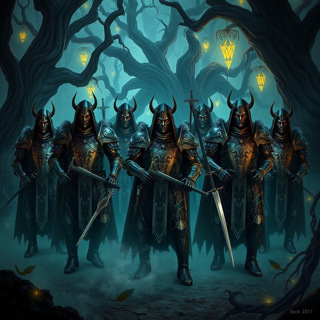 A formidable group of villains from an army, clad in dark, menacing armor, standing in an enchanted forest