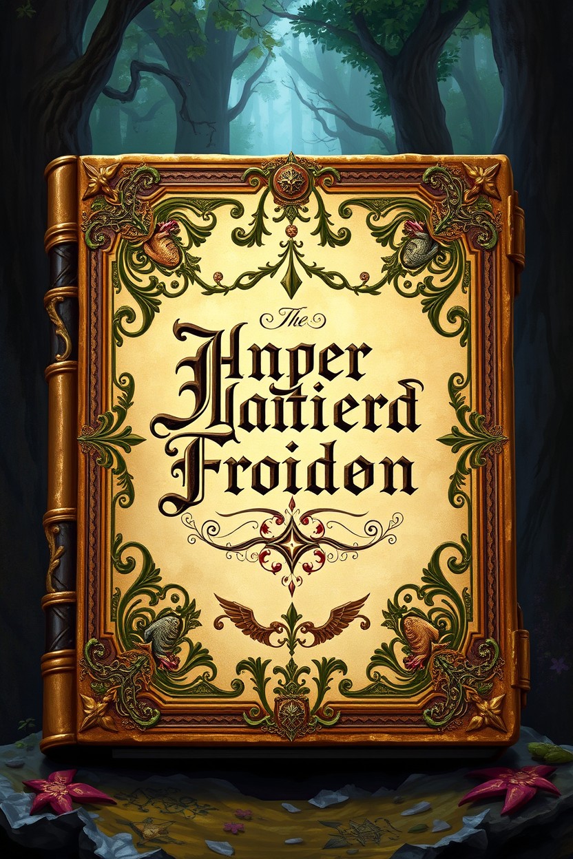 A digital painting of an ancient book cover, featuring intricate designs and ornate details, with aged parchment texture and vibrant colors