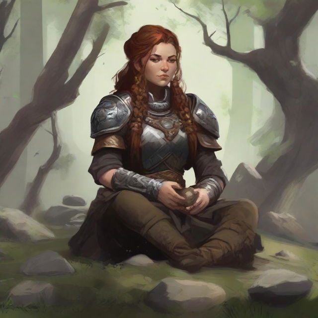 splinters and rocks float all around a female dwarven kineticist that meditates amid nature while wearing her heavy armor