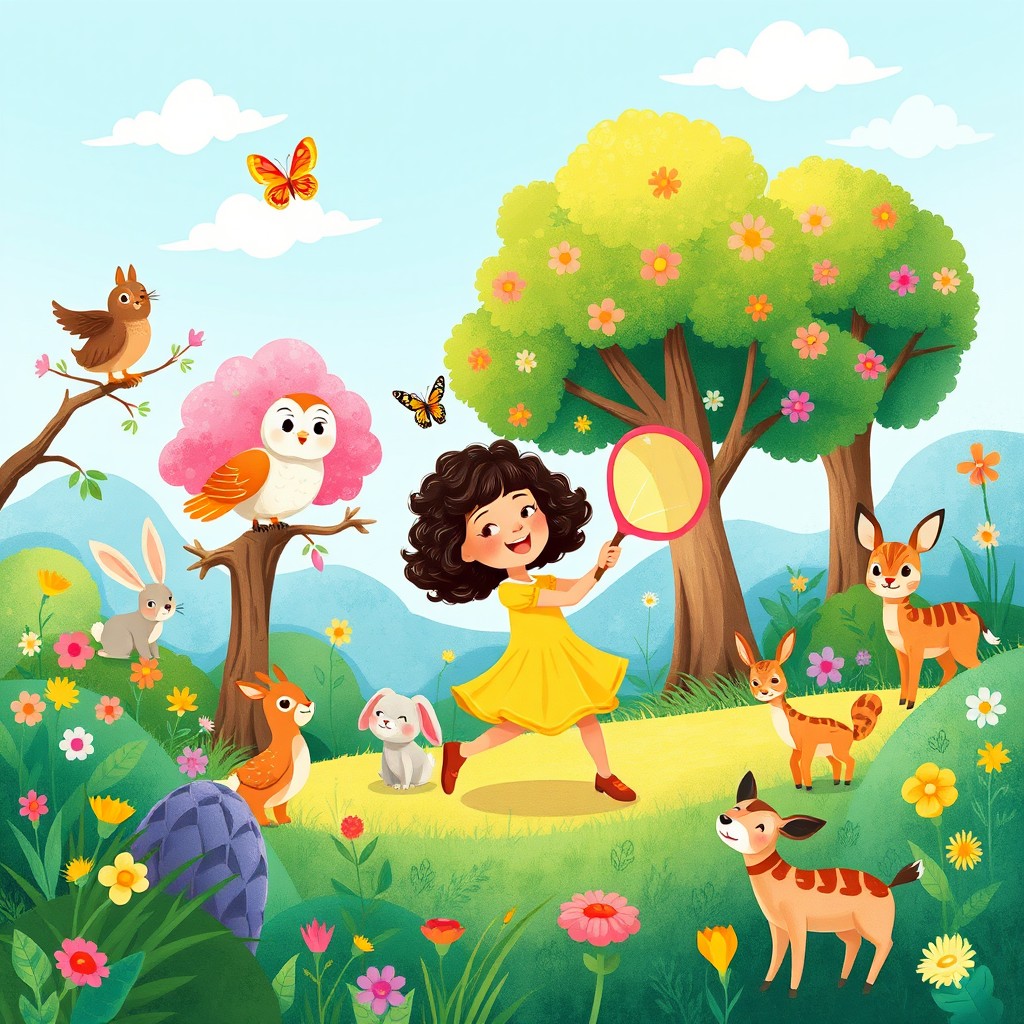 An enchanting illustration for a child's book, featuring a whimsical forest filled with vibrant colors and friendly animals