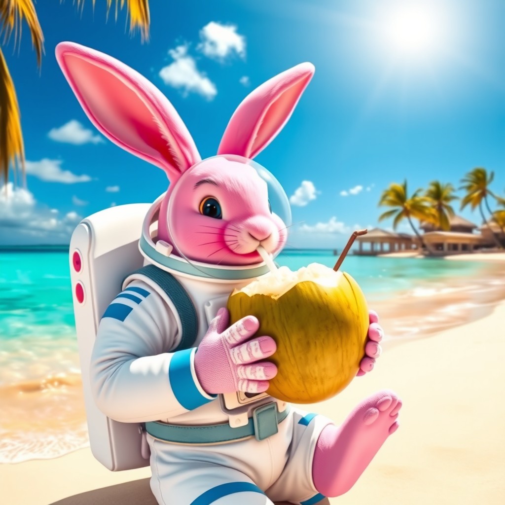 A pink astronaut rabbit wearing a white spacesuit with blue trim, happily drinking coconut water on the beautiful beach of Cancun