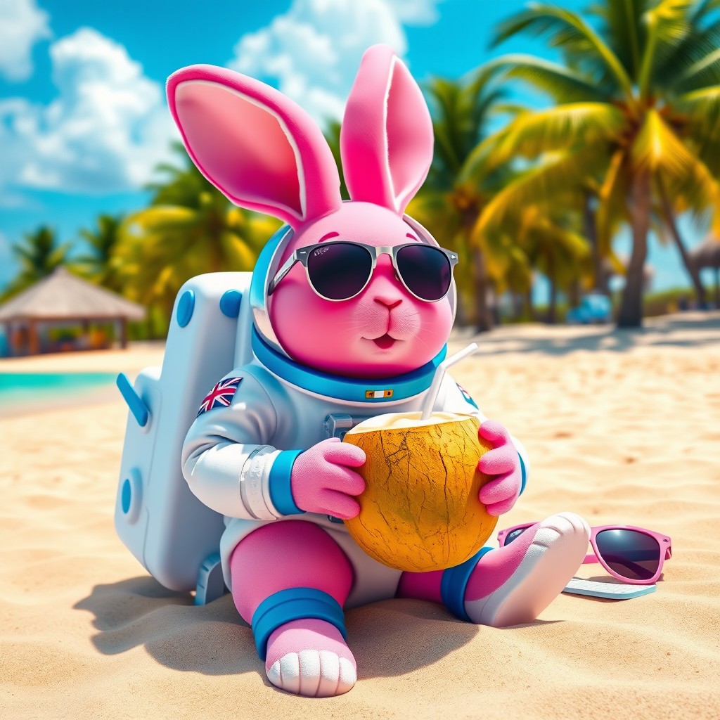 A pink astronaut rabbit in a white spacesuit with blue trim, enjoying coconut water on the sandy beach of Cancun