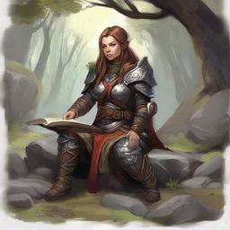 splinters and rocks float all around a female dwarven kineticist that meditates amid nature while wearing her heavy armor