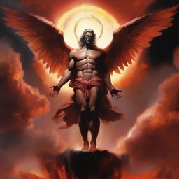 The figure of Lucifer, once known as the brightest angel, falling from the heavens, bathed in red and orange light, surrounded by clouds with a look of defiance on his face.