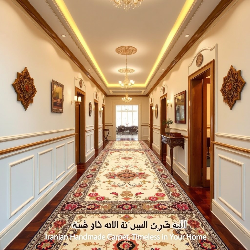 A beautiful hallway in a house featuring an exquisite handmade carpet with a cream background, showcasing a floral design inspired by Yazd art