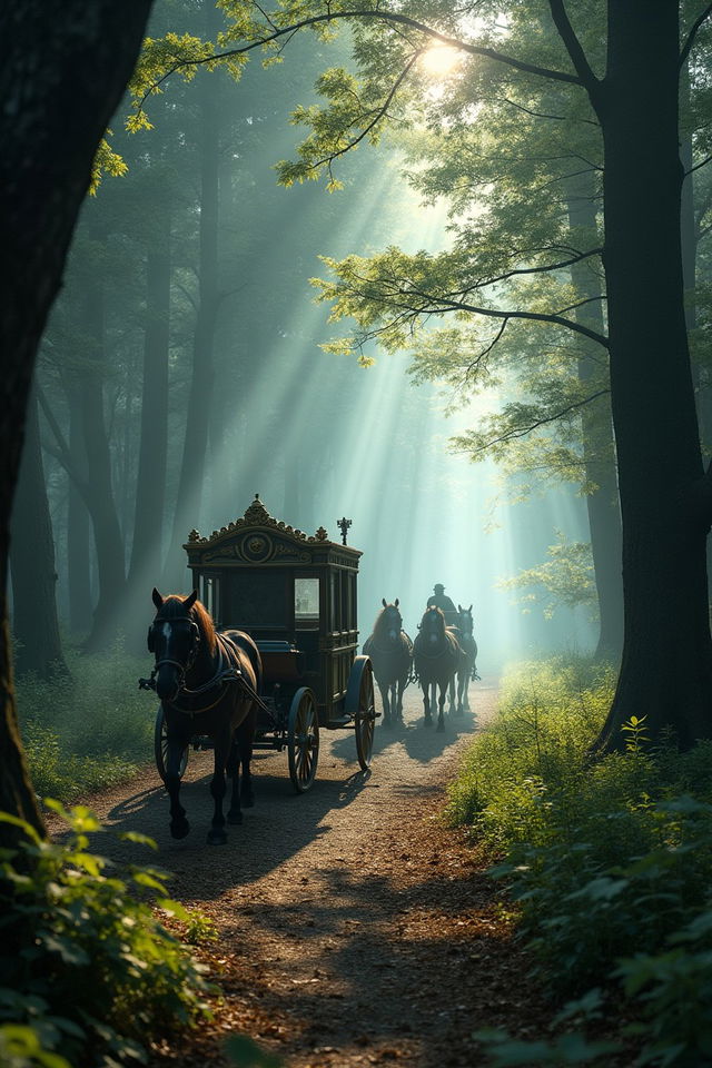 A mystical forest in Transylvania, dense with ancient trees and enveloped in gentle mist, featuring a beautifully ornate horse-drawn carriage moving along a winding path