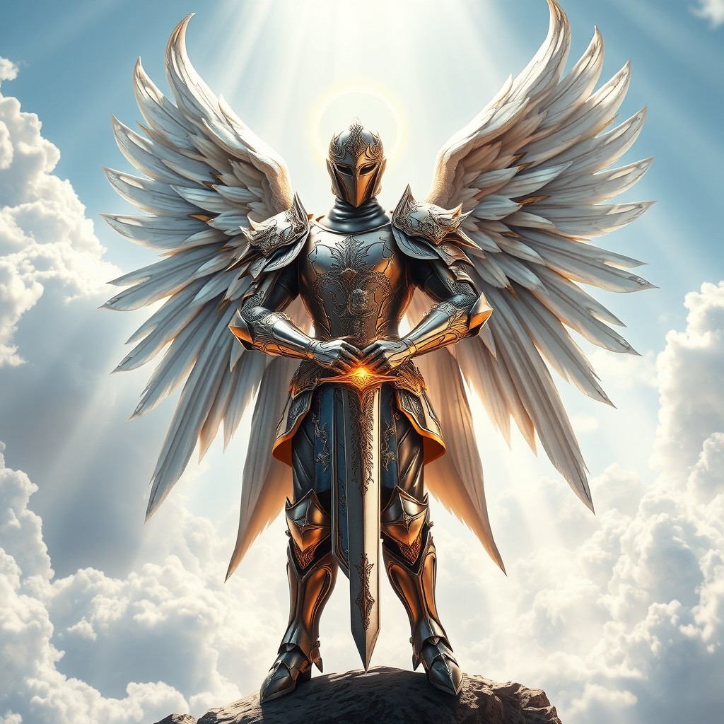 A majestic angel knight wearing ornate armor with six magnificent wings, standing heroically in a dramatic pose