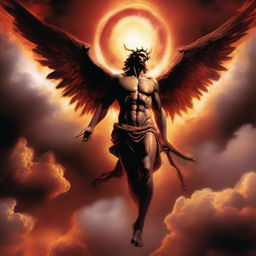 The figure of Lucifer, once known as the brightest angel, falling from the heavens, bathed in red and orange light, surrounded by clouds with a look of defiance on his face.