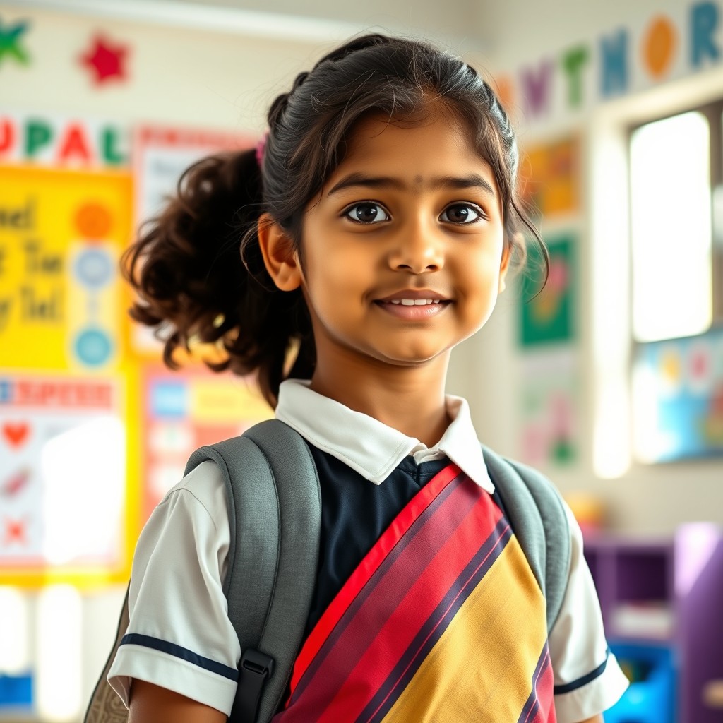 A young Indian school girl embodying empowerment, standing confidently in a vibrant school setting