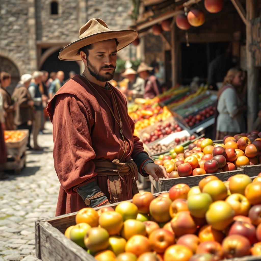 A medieval merchant examining a vibrant array of apples in an open market, wearing traditional 14th-century clothing with a richly colored tunic and a wide-brimmed hat