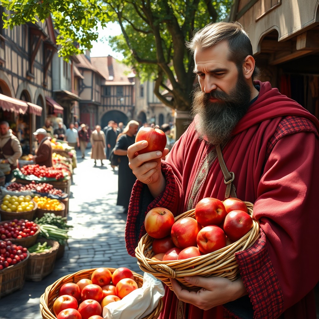 A medieval merchant in a bustling market, dressed in rich, colorful robes, inspecting a basket filled with shiny red apples