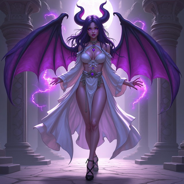 An enticing female tiefling sorceress with striking purple skin, showcasing extra big breasts and luxurious dark purple hair