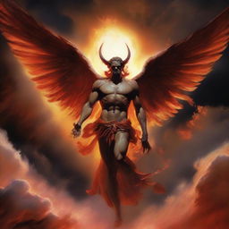 The figure of Lucifer, once known as the brightest angel, falling from the heavens, bathed in red and orange light, surrounded by clouds with a look of defiance on his face.