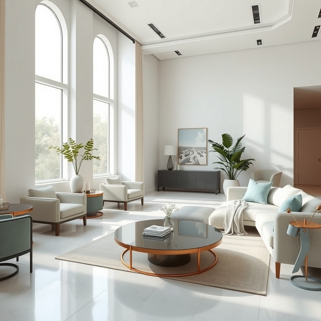 A spacious and sophisticated digital wellness environment featuring a serene and calming atmosphere
