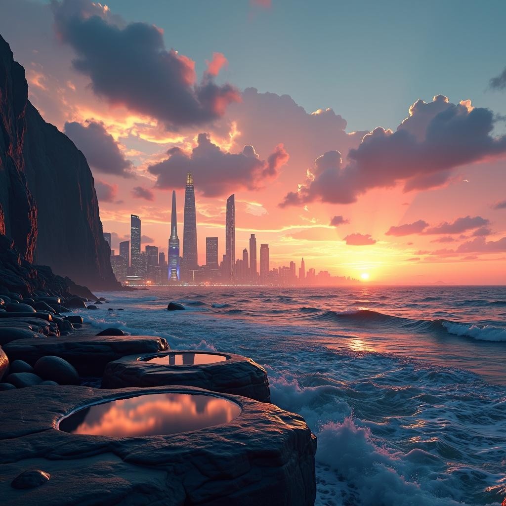 A breathtaking ultra-high-definition landscape at sunset, showcasing a vast, glowing coastline where waves gently crash against futuristic cliffs