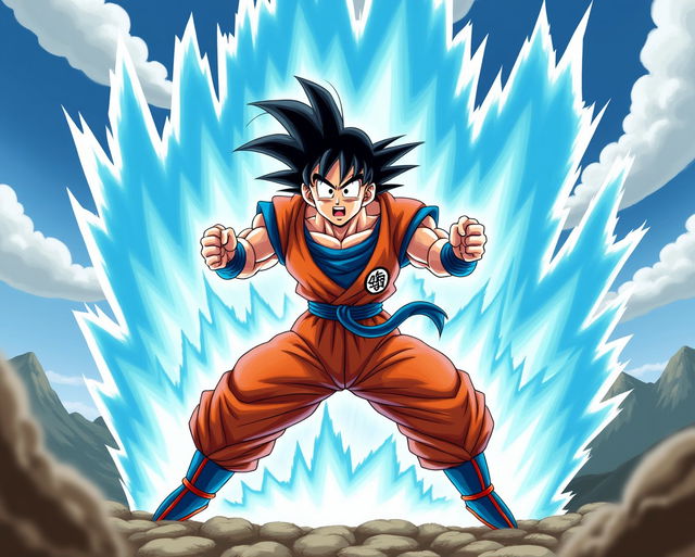 A dynamic action-packed scene featuring Goku from Dragon Ball Z in his iconic orange gi, performing a powerful Kamehameha wave