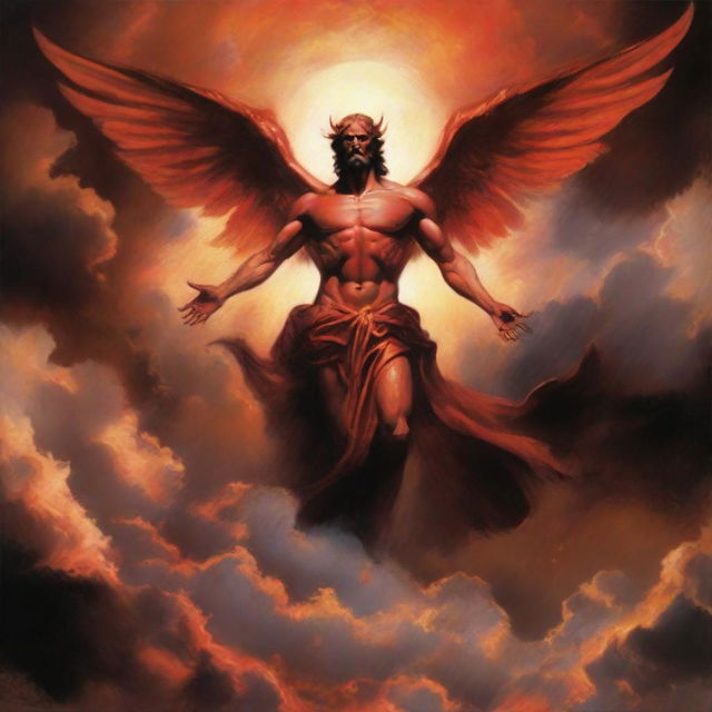 The figure of Lucifer, once known as the brightest angel, falling from the heavens, bathed in red and orange light, surrounded by clouds with a look of defiance on his face.