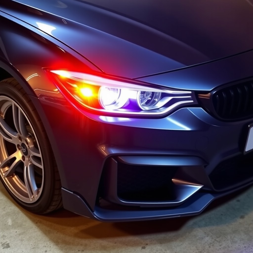 A close-up shot of a modified car featuring a sleek and stylish replacement bumper, vibrant LED headlights, and a glossy finish