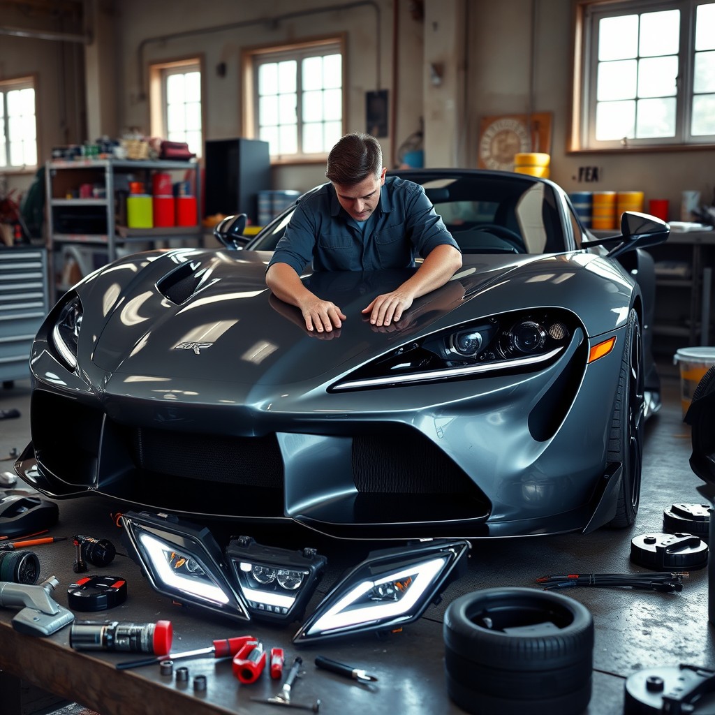 A detailed image showcasing a car modification workshop scene