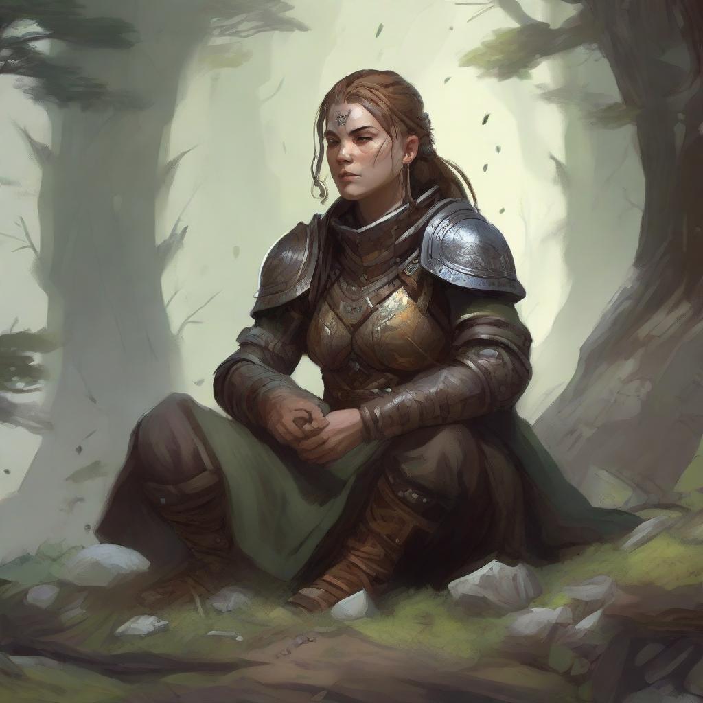 splinters and rocks float all around a female dwarven kineticist that meditates amid nature while wearing her heavy armor