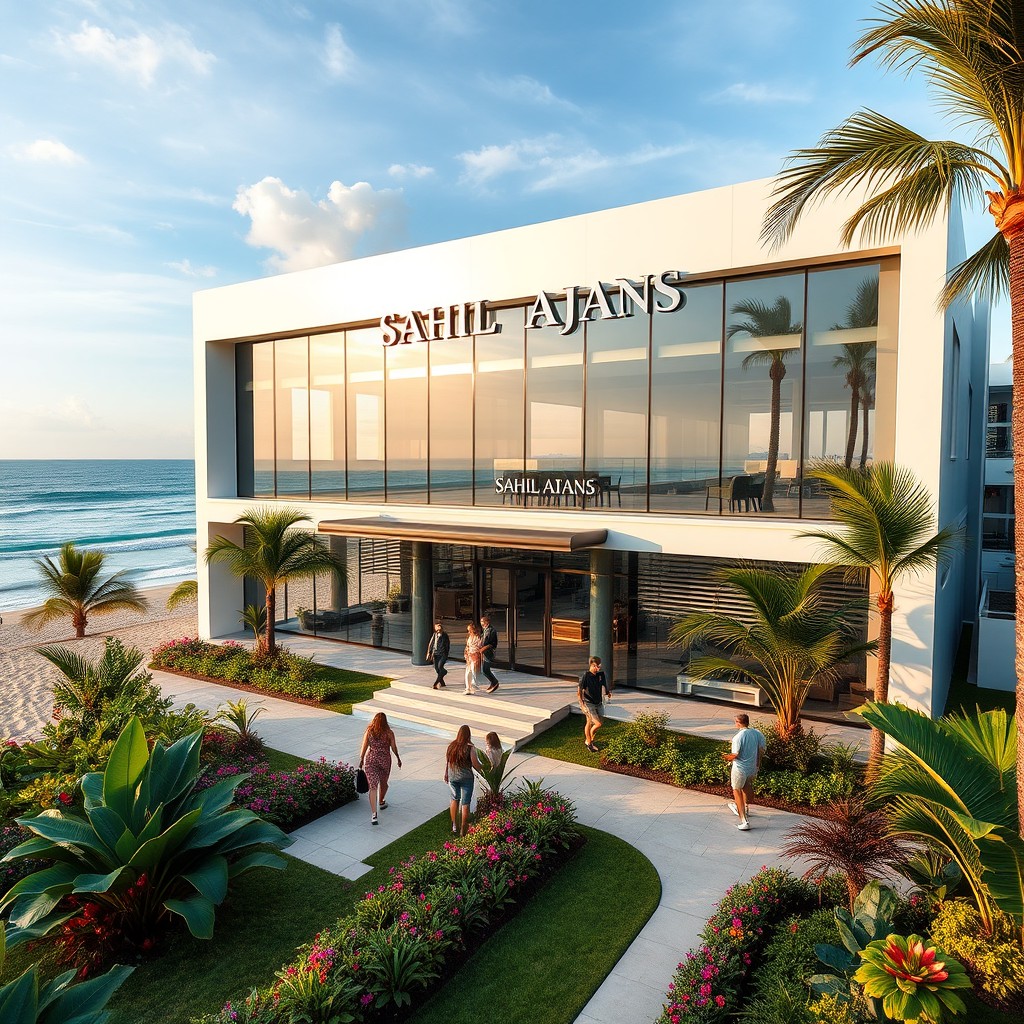 A stunning seaside agency building named SAHIL AJANS, designed with modern architecture featuring large glass windows that reflect the ocean, set against a beautiful sandy beach