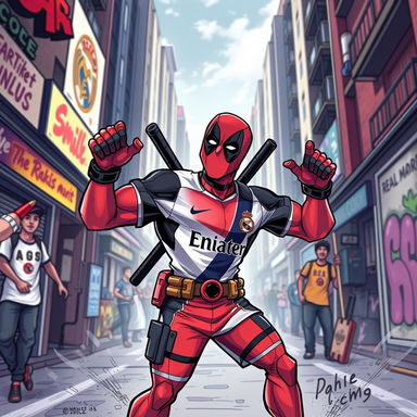A dynamic and humorous illustration of Deadpool wearing a Real Madrid soccer jersey, striking a playful pose